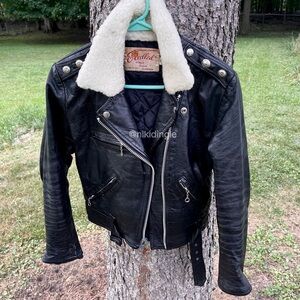 Vintage Badass Excelled Custom Moto biker jacket Shearling Collar Goth Concho XS